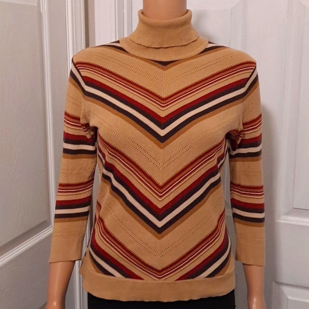 Gap Factory Long Sleeve Lightweight Turtleneck Tan Striped Sweater
